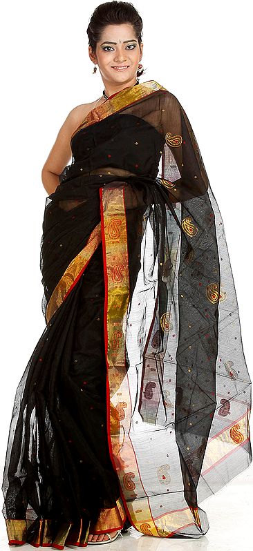 Black Chanderi Sari with Wide Golden Border and Woven Paisleys