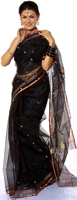 Black Chanderi Sari with Woven Bootis in Golden Thread