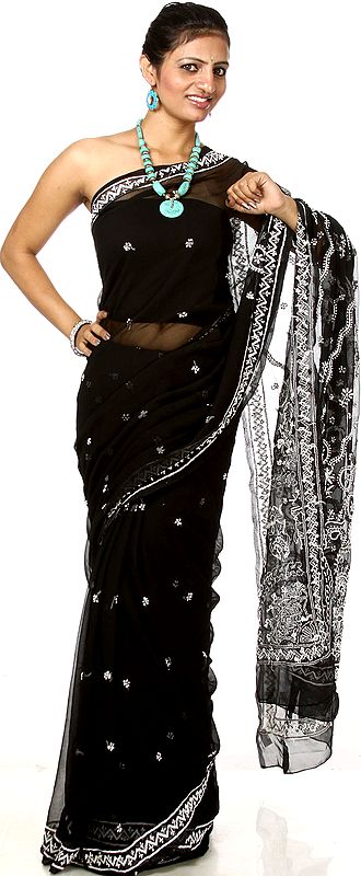 Black Chikan Sari From Lucknow with Hand Embroidered Flowers