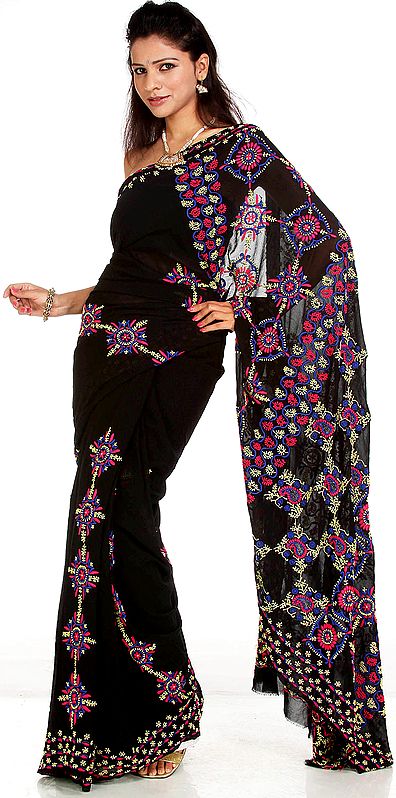 Black Chikan Sari from Lucknow with Hand-Embroidered Paisleys