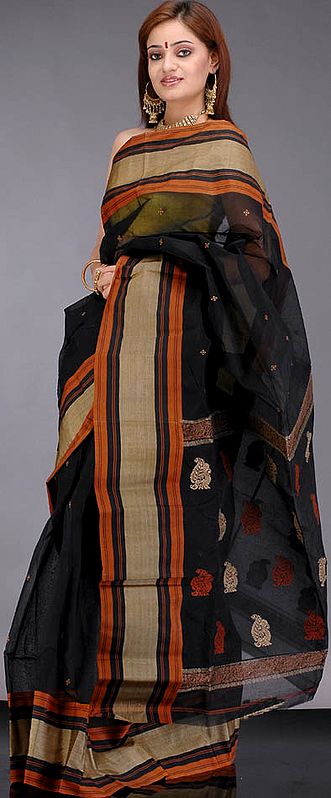 Black Coimbatore Cotton Sari with a Broad Border