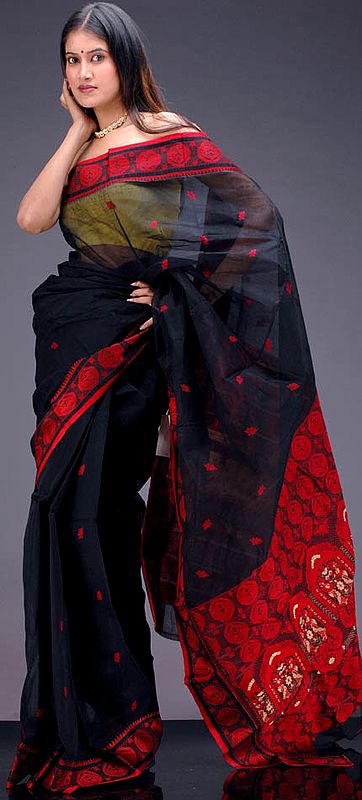 Black Cotton Sari from Bengal with Red Border and Pallau