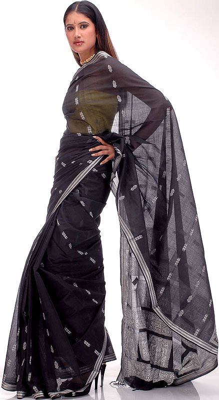 Black Cotton Sari with White Bootis and Border
