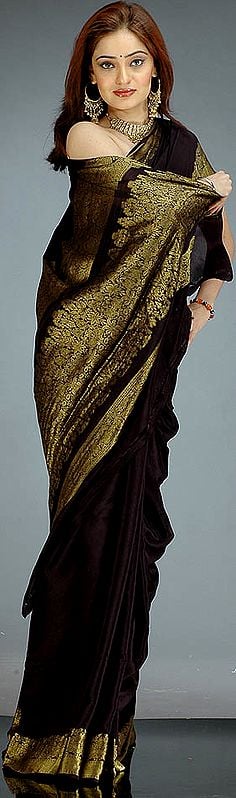Black Crepe Sari with Golden Thread Weave