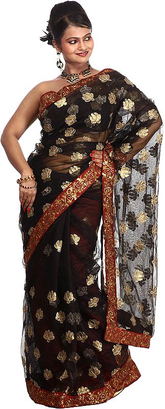 Black Designer Sari with Metallic-Thread Embroidered Sequins and Patch Border