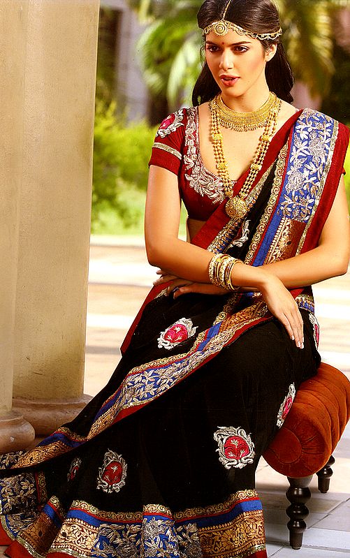 Black Designer Sari with Zardozi Embroidery and Floral Bootis