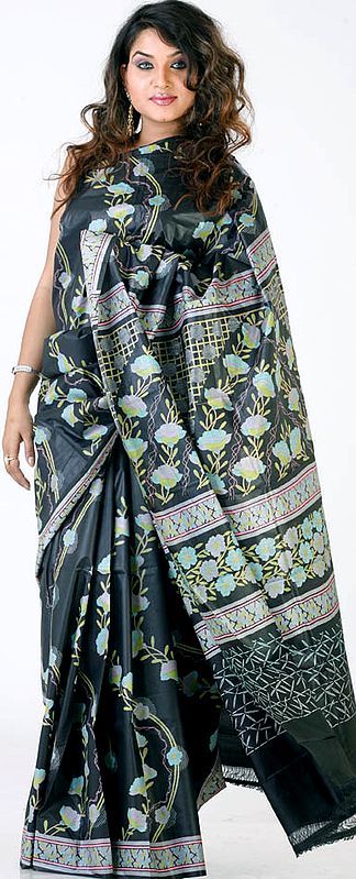 Black Floral Printed Sari from Kolkata