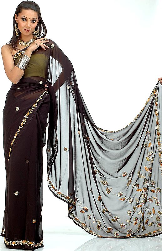 Black Georgette Sari with Sequins and Threadwork