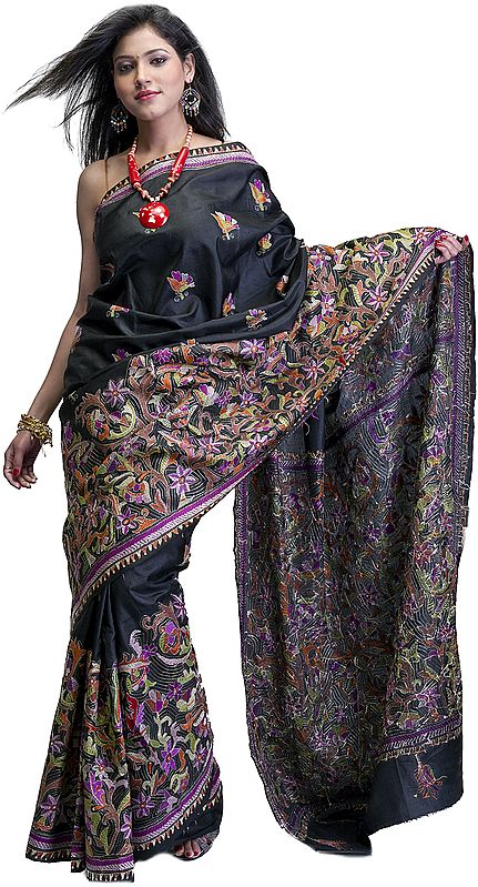 Black Hand-Embroidered Kantha Sari from Bengal