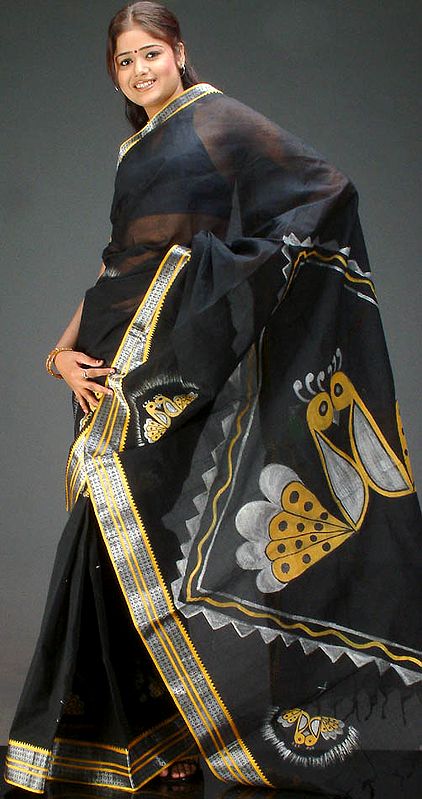 Black Hand-Painted Cotton Sari with Butterflies