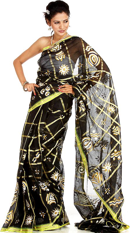 Black Hand-Painted Sari from Bihar