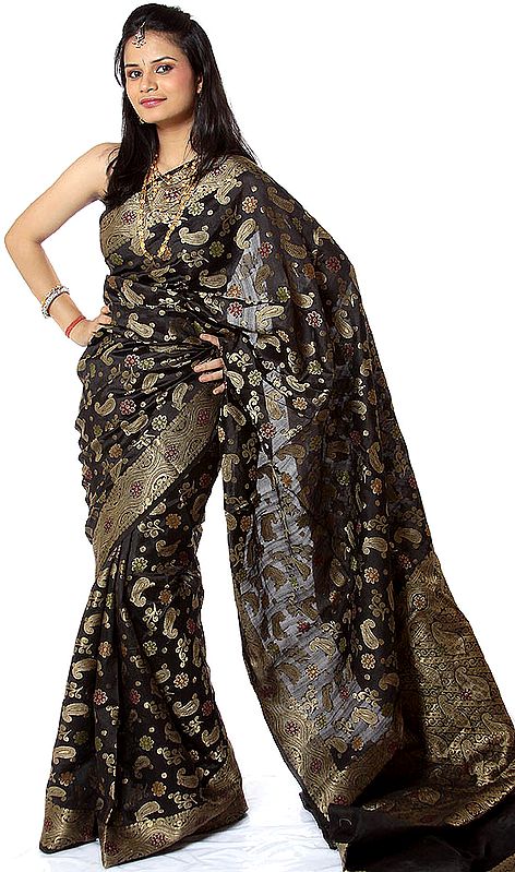 Black Hand-woven Banarasi Sari with All-Over Paisleys