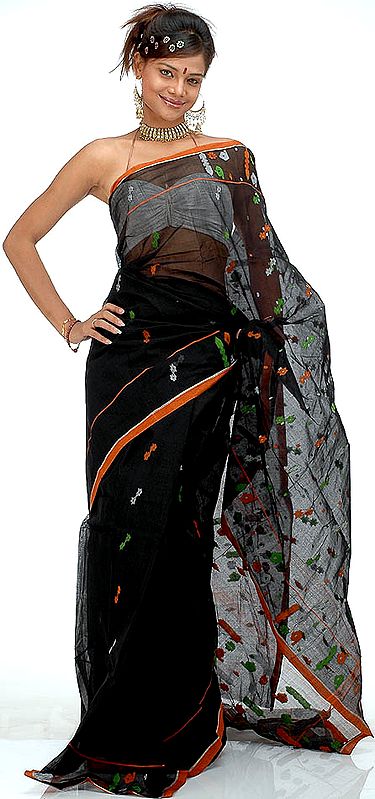 Black Handwoven Dhakai Sari with Multi-Color Bootis