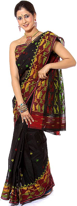 Black Hand-woven Dhakai Sari with Multi-Color Thread Weave