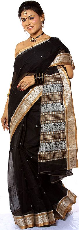 Black Handwoven Sari from Bengal with Baluchari Border