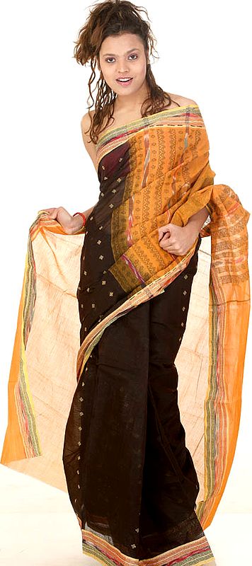 Black Hand-Woven Sari with Ikat Weave on Border