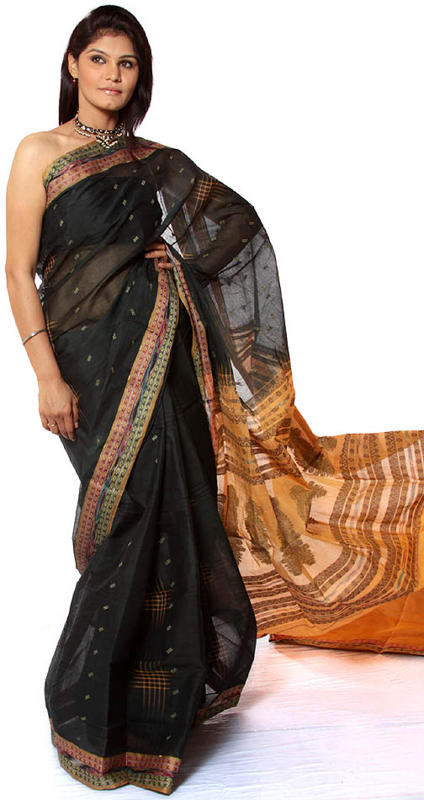 Black Hand-woven Sari with Ikat Weave on Border