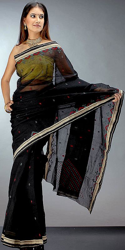 Black Handwoven Tengail Sari from Bengal