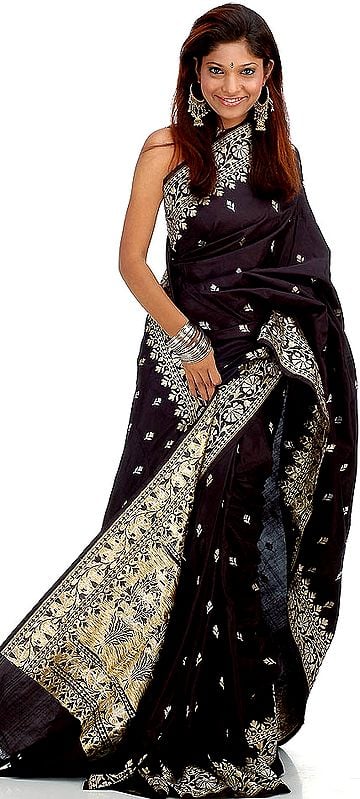 Black Handwoven Valkalam Sari with Silver and Golden Thread Weave
