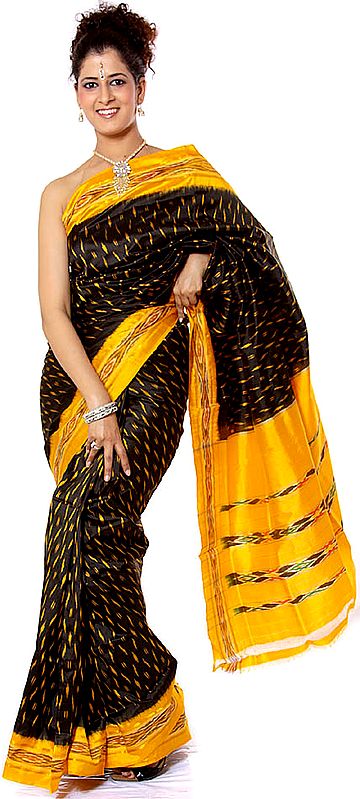 Black Ikat Sari Hand-Woven in Pochampally