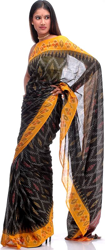 Black Ikat Sari with Orange Border