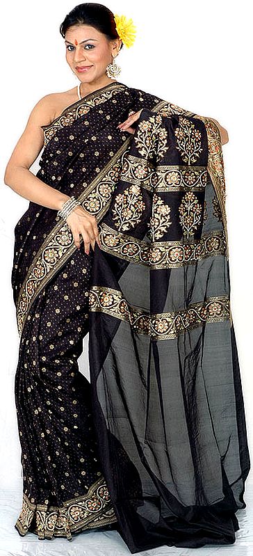Black Jamdani Sari from Banaras with All-Over Embroidered Beads