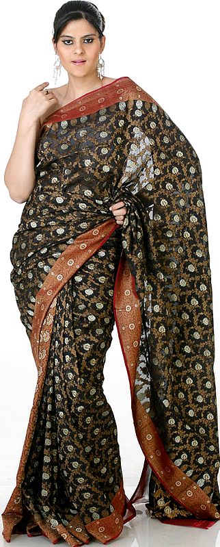 Black Jamdani Sari from Banaras with All-Over Floral Weave
