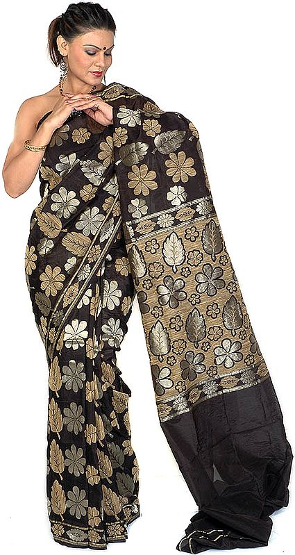 Black Jamdani Sari from Banaras with All-Over Flowers Woven in Jute and Zari