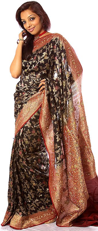 Black Jamdani Sari from Banaras with Jaal Weave and Beadwork on Anchal