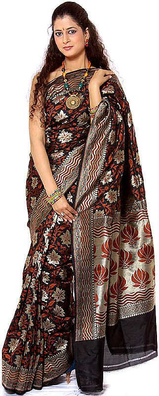 Black Jamdani Sari from Banaras with Woven Flowers and Creepers in Rust Color Thread