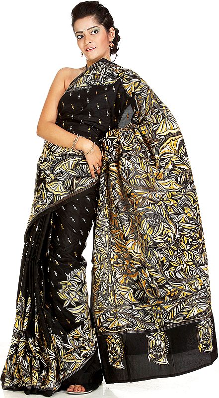 Black Kantha Sari with Hand-Embroidered Lotuses