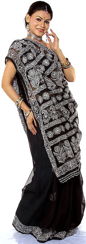 Black Lukhnavi Chikan Embroidered Sari with Sequins