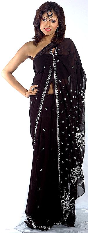 Black Lukhnavi Chikan Sari with Embroidered Paisleys and All-Over Bootis