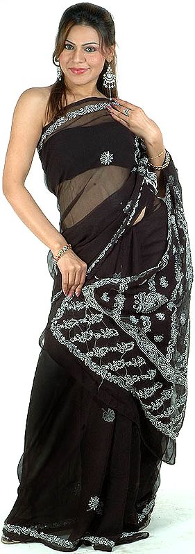Black Lukhnavi Chikan Sari with Sequins