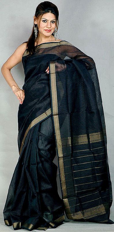 Black Maheshwari Sari with Stripes Golden Weave on Border