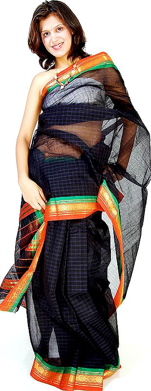 Black Narayanpet Cotton Sari with Checks