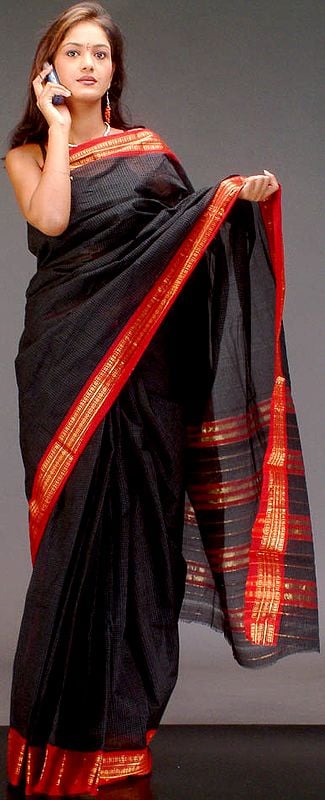 Black Narayanpet Sari with Fine Checks