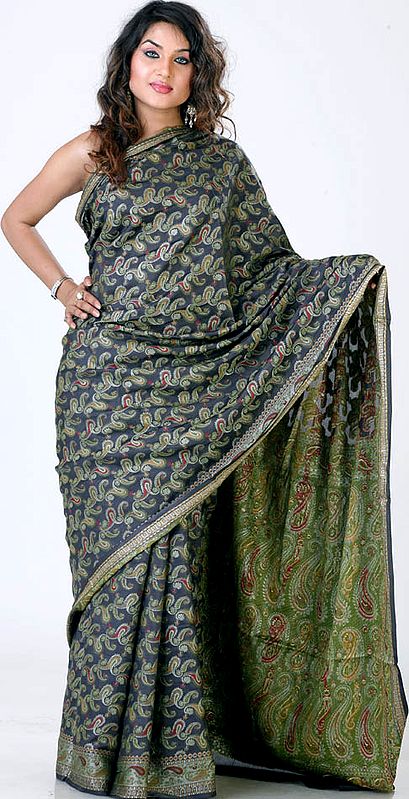 Black Paisley Jamdani Sari Hand-Woven in Banaras