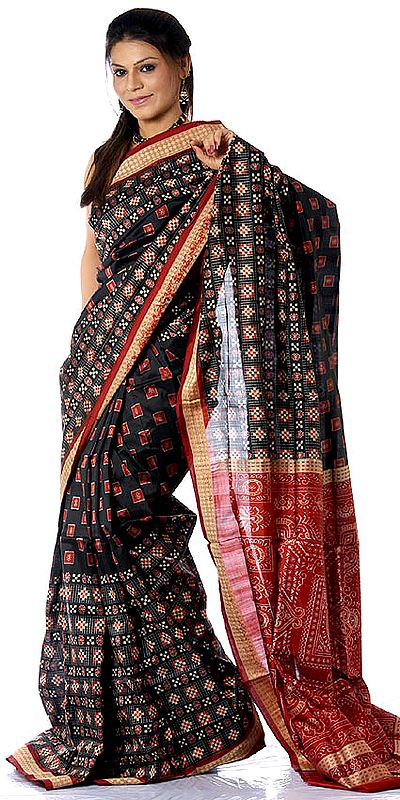 Black Sambhalpuri Sari with All-Over Ikat Weave from Orissa