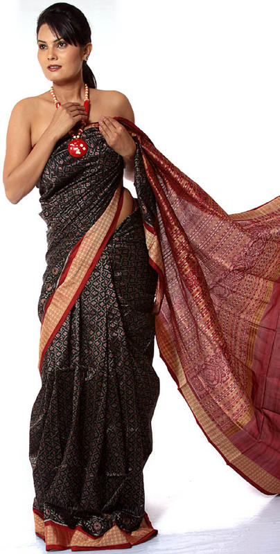 Black Sambhalpuri Sari with All-Over Ikat Weave from Orissa