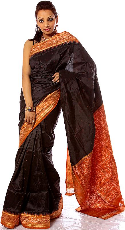 Black Sambhalpuri Sari with Ikat and Tissue Weave on Border and Anchal