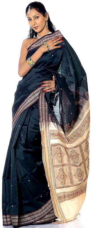 Black Sari from Coimbatore with All-Over Woven Bootis