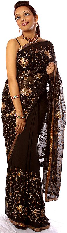 Black Sari with Embroidered Sequins All-Over