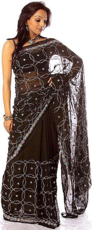 Black Sari with Embroidered Sequins and Beads All-Over