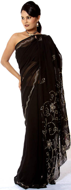 Black Sari with Embroidered Sequins and Beadwork