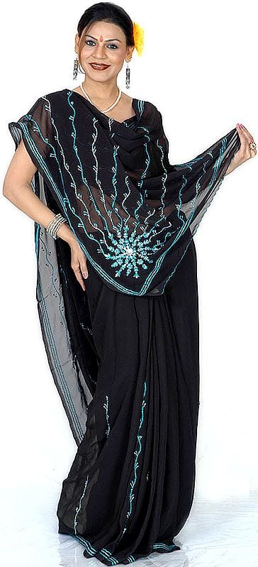 Black Sari with Embroidered Sequins