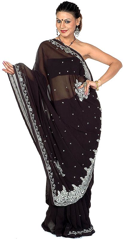 Black Sari with Floral Beadwork and Sequins