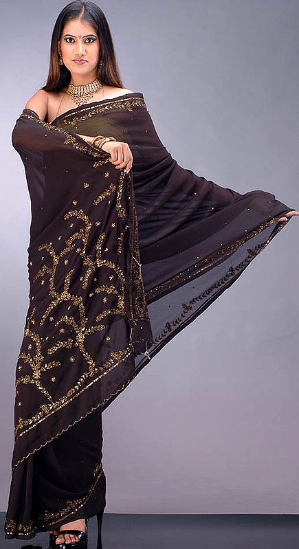 Black Sari with Golden Sequins and Beads