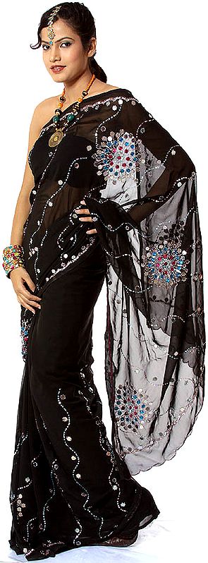 Black Sari with Large Sequins and Beads All-Over