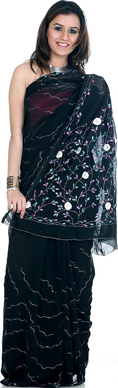 Black Sari with Persian Embroidered Flowers and Sequins